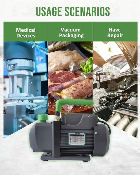 Heavy Duty Four Point Five CFM HVAC Vacuum Pump With One Third Horsepower Motor Single Stage for Medical, Packaging, HAVC Use