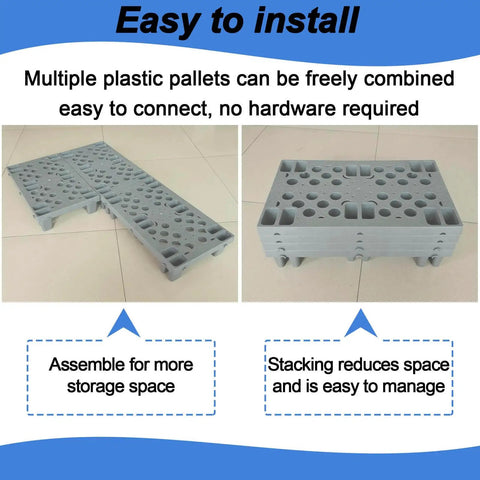 6 Pack Grey Plastic Pallets With Interlocking Design And Breathable Grid For Airflow shown stacked and arranged for storage.
