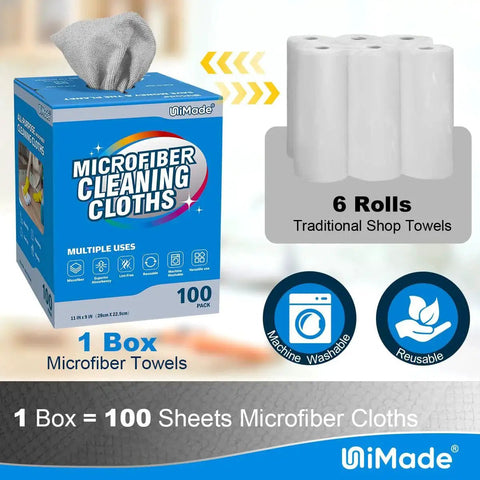 Microfiber Cleaning Cloths 100 Sheets 11x9 Grey Lint Free For Garage Auto Care with box and rolls shown