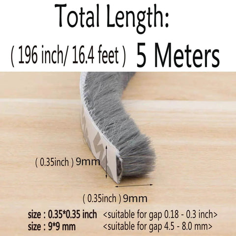 Close-up of grey Self-Adhesive Pile Weather Stripping Seal roll, showcasing dimensions and compatibility for sliding windows and door frames.
