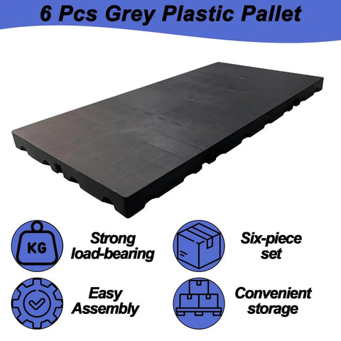 Six Piece Black Plastic Pallet Set With Interlocking Design For Easy Stacking Moisture Proof And Waterproof Floor Pads For Indoor And Outdoor Use In Garages Kitchens And Basements Sized 11.8 X 23.6 X 1.18 Inches Durable HDPE, showing a single black pallet with interlocking edges.