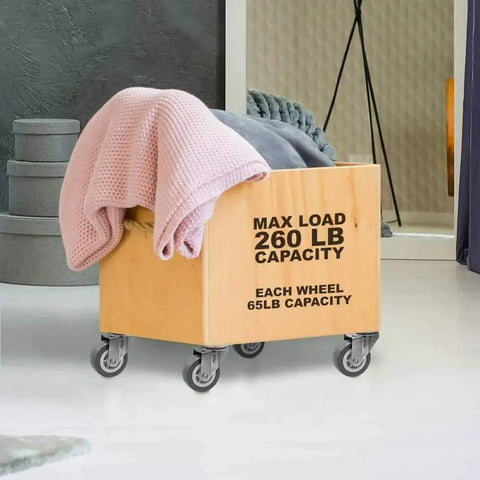 Wooden box on two inch grey polyurethane caster wheels with 360 degree swivel quiet no noise and non marking 65 lb capacity each