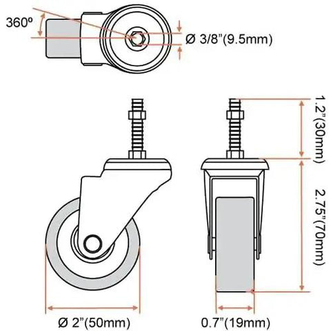 Technical diagram of Two Inch Grey Polyurethane Caster Wheels With 360 Degree Swivel Quiet No Noise And Non Marking 65 Lb Capacity Each