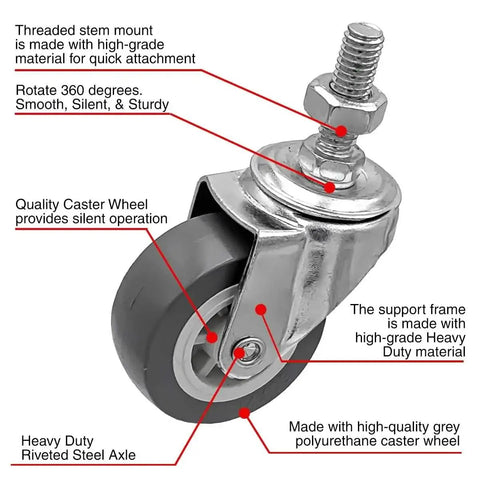 Two Inch Grey Polyurethane Caster Wheels With 360 Degree Swivel Quiet No Noise And Non Marking 65 Lb Capacity Each, showing threaded stem and steel axle