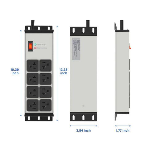 Grey Heavy Duty Power Strip Surge Protector 20 Amp with eight outlets, 12 gauge extension, shown from front, side, and top view