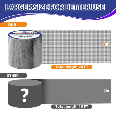 Comparison of Grey Window Screen Repair Tape 3 Inches By 20 Feet roll and a smaller 2-inch roll, highlighting larger size and length.