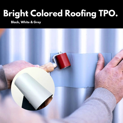 Person applying grey roofing tape with sealant roller for repairs on metal surface