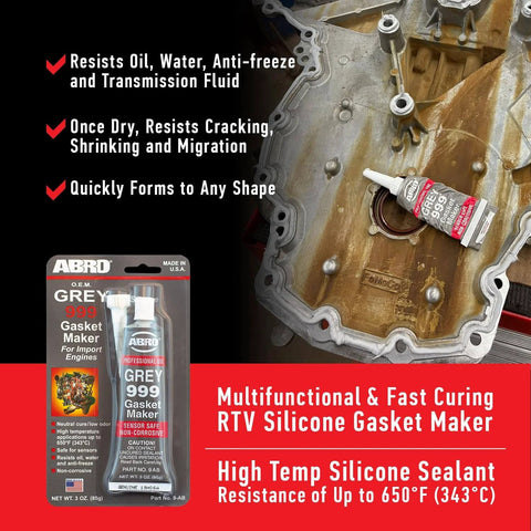 Heavy Duty High Temp RTV Silicone Sealant And Gasket Maker 650 Degrees F OEM Specified Sensor Safe Non Corrosive Neutral Cure Low Odor 3 Oz Tube and gasket application display.