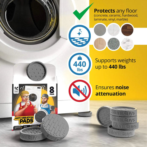 Achieve quiet, stable laundry days with these ultra thin anti vibration pads for washing machines; 8 pack of grey pads displayed in front of washer.