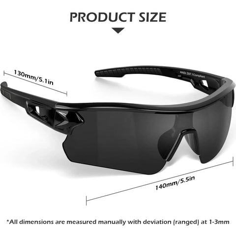 Product size display of 6 Pack Grey Safety Glasses for Men Women ANSI Z87.1 UV400 Anti Scratch Eyewear, showing dimensions 140mm x 130mm.