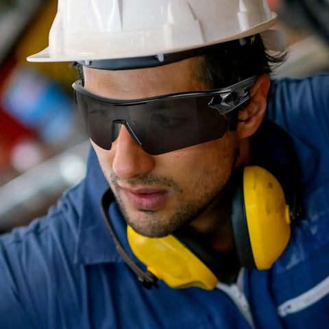 Man wearing 6 Pack Grey Safety Glasses for Men Women ANSI Z87.1 UV400 Anti Scratch Eyewear, with ear protection and hard hat in workshop.