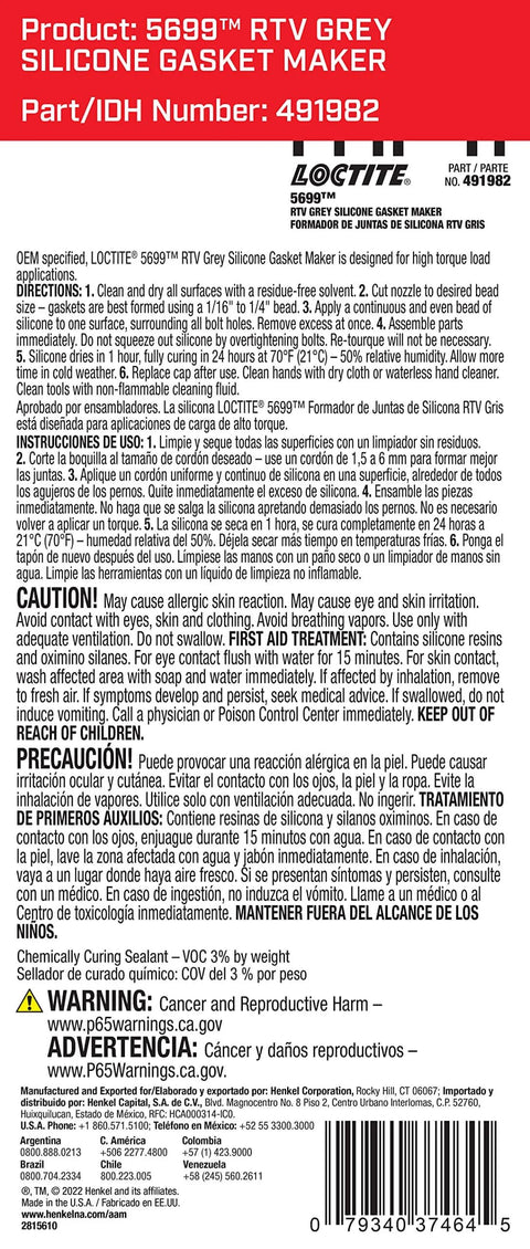 Back label of RTV Grey High Performance Silicone Gasket Maker For Oil Resistant Seals, featuring safety and usage instructions.