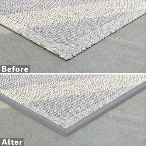 Trimold Carpet to Tile Floor Transition Strip, grey self-adhesive threshold edging showing installed before and after comparison, 3m length