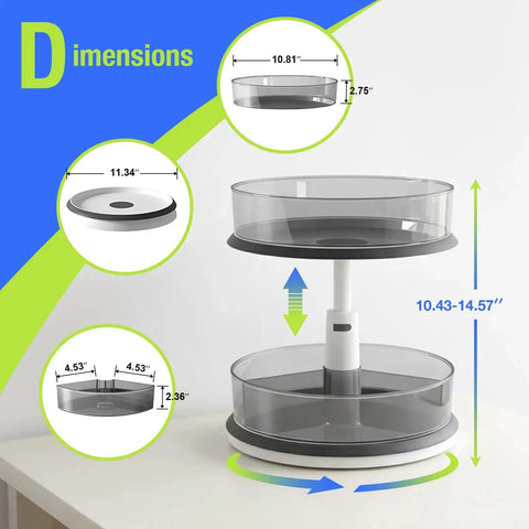 Two Tier Lazy Susan Turntable Organizer For Medicine Cabinet And Pantry Bottles, dimensions diagram, adjustable height 10.43-14.57 inches