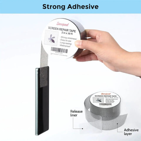Hand holding Grey Window Screen Repair Tape 2 Inch By 30 Foot Roll For Windows Or Doors, showing adhesive fiberglass mesh tape.
