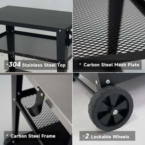 Close-up of Heavy Duty Outdoor Grill Cart with carbon steel mesh, 304 stainless steel top, carbon steel frame, and lockable wheels.