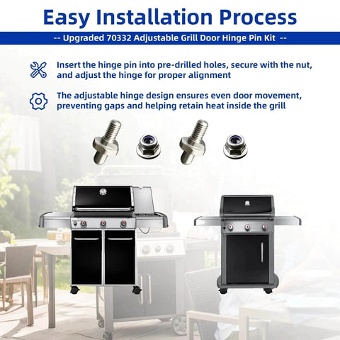 Grill Door Hinge Pin Kit 2 Pack With Adjustable Bolt And Lock Nut For Genesis Spirit Summit Series Grills, installation process shown.