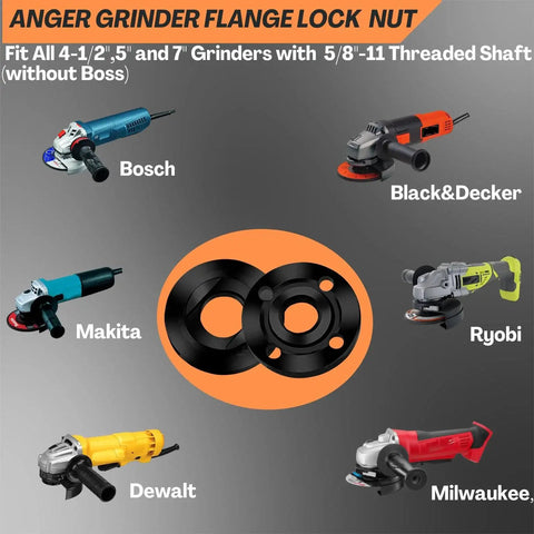 Versatile 7-Piece Grinder Nut and Wrench Kit with 5/8-11 Arbor shown with Dewalt, Milwaukee, Makita, Ryobi, Bosch models