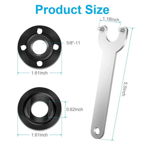 Diagram of 7 Piece Angle Grinder Nut And Flange Wrench Kit With 5/8-11 Thread For Fast Wheel Changes showing wrench and flange nut sizes.