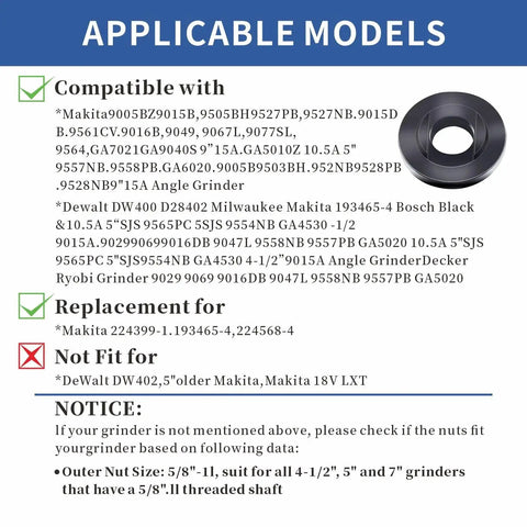 7-Piece 5/8-11 Grinder Nut Kit with Wrench compatibility chart, listing compatible and non-compatible grinder models.
