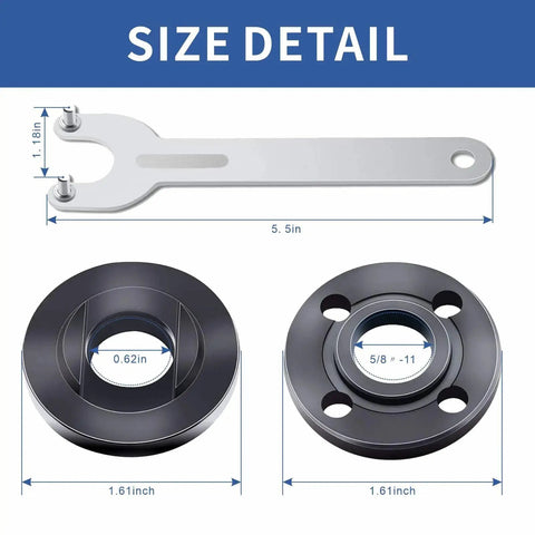 Size detail of 7-Piece 5/8-11 Grinder Nut Kit with Wrench depicting wrench and two flange nuts with measurements
