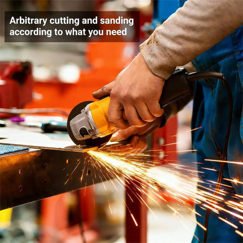 Person using an angle grinder on a metal surface with sparks flying, showcasing arbitrary cutting and sanding capabilities.