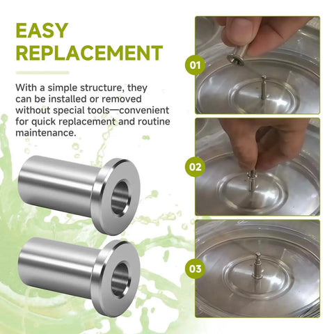Installation steps for Six Pack 3220 Bearing Sleeves For Grindmaster Crathco Beverage Dispensers with easy replacement text and stainless steel sleeves close-up.