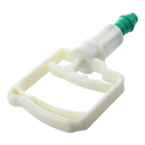 Grip Hand Vacuum Pump For Suction Cupping Therapy, durable unbreakable plastic device shown in side angle, green and beige design.