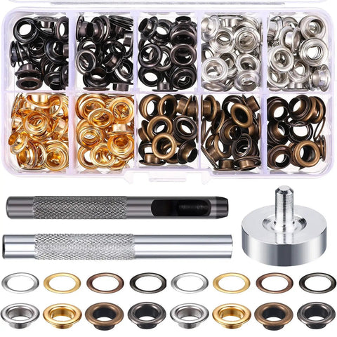 1/4 Inch Grommet Kit With 200 Sets Grommets Eyelets In Bronze Gunmetal Gold And Silver Includes 3 Piece Install Tool Kit And Sturdy Box For Shoes Clothes Bags And Crafts Perfect For DIY Projects And Repairs