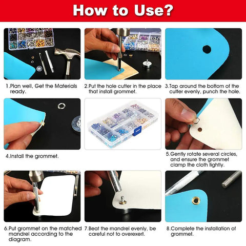 Guide to using All In One Metal Grommets Kit With 600 Pieces In 12 Colors For DIY Shoes Bags Clothes Crafts Includes 3 Tools