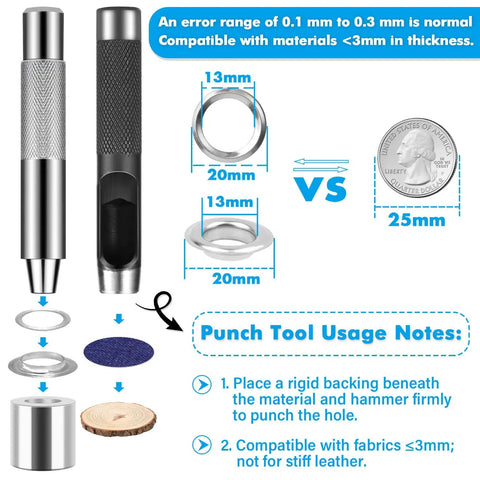 Image showing the components and instructions of the Grommet Tool Kit 120 Sets Half Inch With Setting Tools And Storage Box for DIY use.