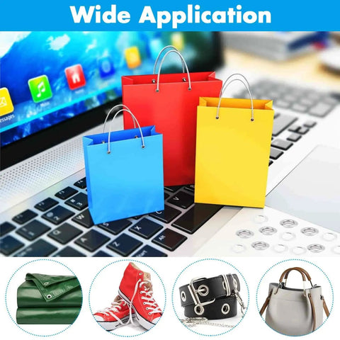 Grommet Tool Kit 120 Sets Half Inch With Setting Tools And Storage Box For Fabric Tarps Curtains DIY Friendly Eyelets Kit shown with colorful bags on a laptop, highlighting versatility.