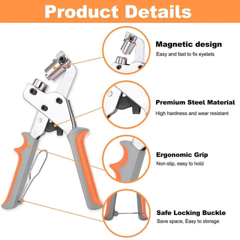 Heavy-duty pliers from Grommet Tool Kit With 200 Sets Three Eighths Inch Grommets, magnetic design, ergonomic grip, premium steel.