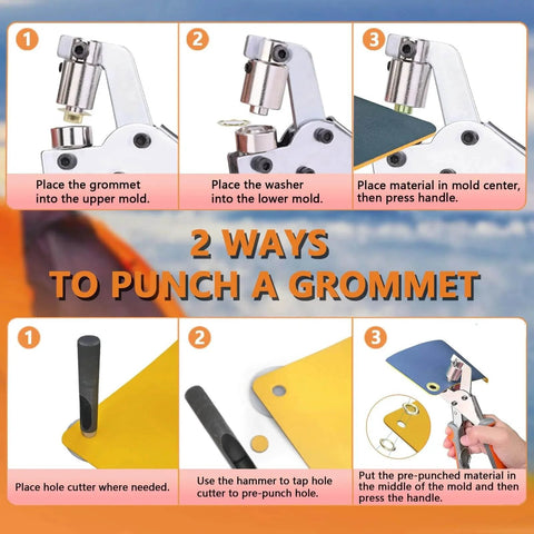 Illustration showing step-by-step use of Grommet Tool Kit With 200 Sets Three Eighths Inch Grommets Heavy Duty Pliers Kit for tarps and banners.
