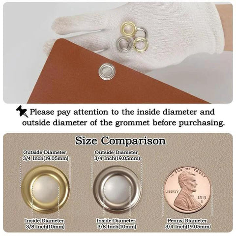 Close-up of gloved hand holding grommets with size comparison chart; Grommet Tool Kit With 200 Sets Three Eighths Inch Grommets Heavy Duty.