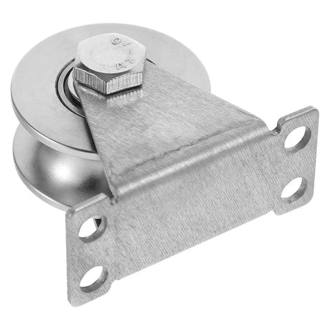 Side view of Groove Wheel Pulley 2.75X2.36X1.77 Inches Heavy Duty Sliding Door Pulley with U Shaped Groove in metal finish.