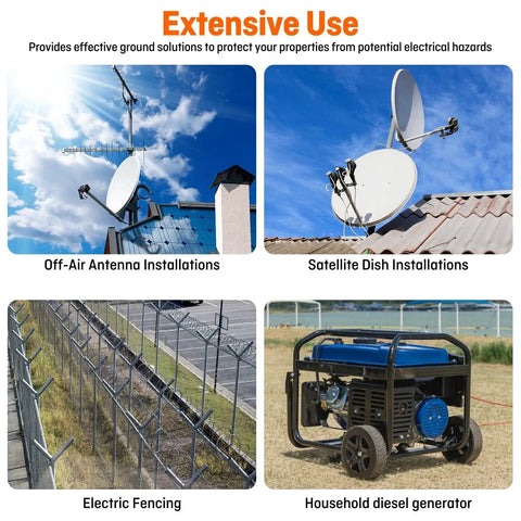Image showing applications for 3 Ft Ground Rod Kit Half Inch Copper Clad Grounding Rod With Ground Clamp, including satellite dishes and electric fences.