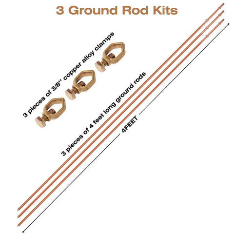 Three Pack Grounding Rod Kit With Copper Clamps, Four Feet Long, Three Eighths Inch Ground Rods For Electric Fences