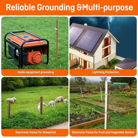 Eight Foot Grounding Rod Kit With Copper Clad Steel Rods And Grounding Clamps shown used for electrical grounding, fences, and generators