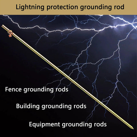 Lightning protection rod for grounding electric fences and equipment, displayed against a lightning backdrop