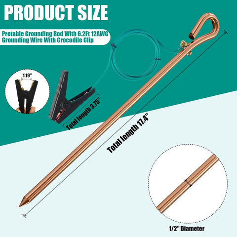 Grounding Rod With Crocodile Clip Wire For Earthing And Grounding Systems For Electric Fences Generators And Antennas, 17.4 Inch Ground Rod With Oval Eye Design, Half Inch Diameter, Compatible With 12 AWG Wire, 6.2 Ft Clip Wire