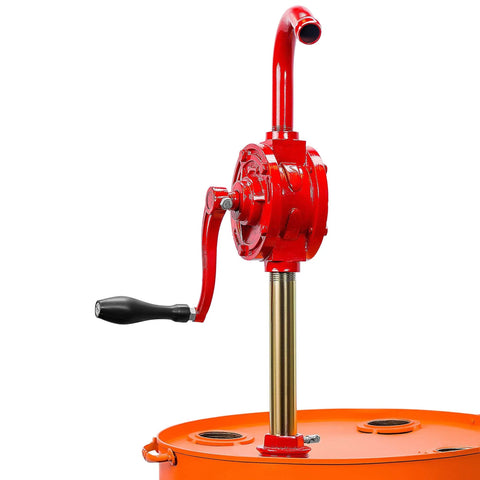 Groz 44052 Rotary Barrel Pump, 1" Inlet with 3-piece Threaded Suction Tube attached to orange barrel top view