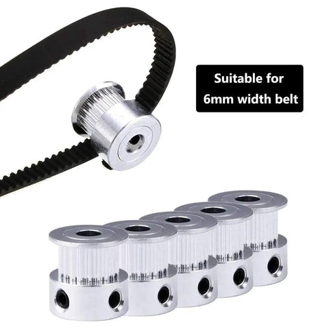 GT2 20-Tooth Aluminum Timing Pulley With 5mm Bore For 6mm Belt Width shown with five pulleys and belt, ideal for 3D printers.