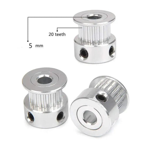 GT2 20 Tooth Aluminum Timing Belt Pulley With 5mm Bore For 6mm Wide Belts Includes Screws High Precision Machined For 3D Printers CNC Milling Machines And Gear Forming Equipment 10 Pack image showing three pulleys and size specification.