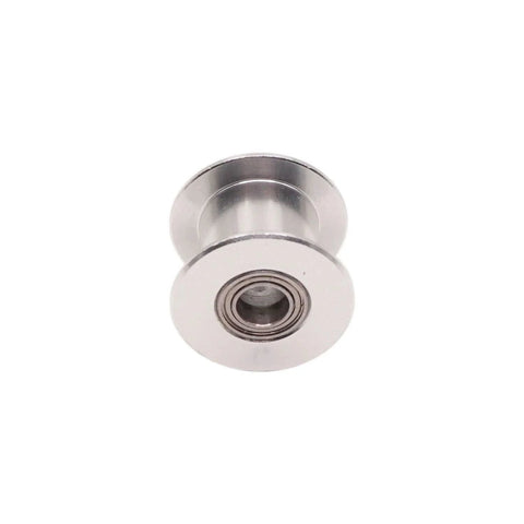 Close-up of GT2 Idler Pulley Toothless 5mm Bore for 10mm Timing Belt, showing aluminum construction and bearing detail.