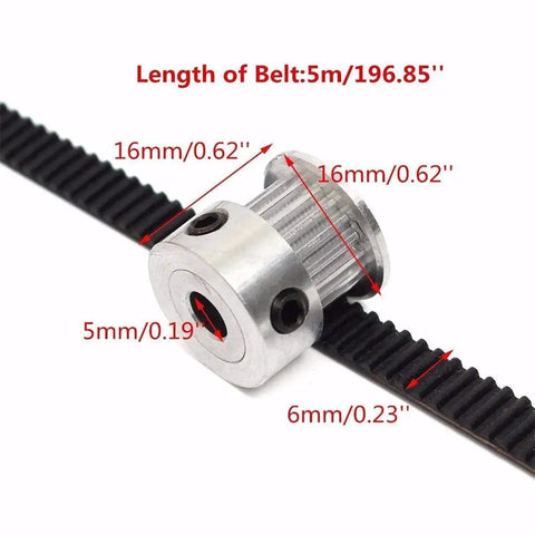 GT2 Timing Belt Pulley Kit With Eight Pulleys, 5mm Bore And 20 Teeth shown with 5m GT2 belt, measurements in millimeters, side view