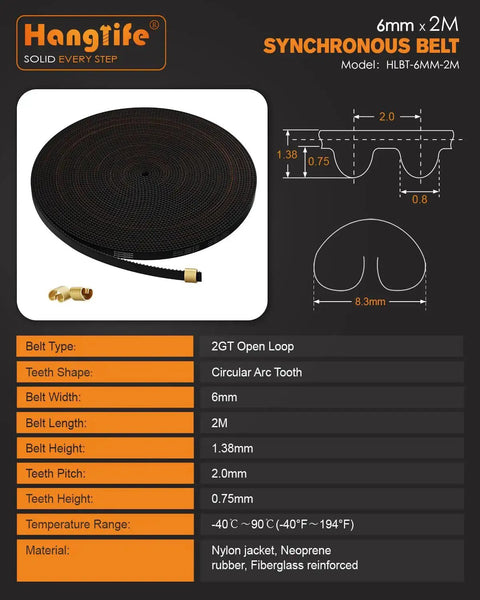 GT2 Timing Belt With Copper Buckle For 3D Printers Open Synchronous Belt 2mm Pitch, 6mm Wide By 2m Length Durable Nylon Jacket