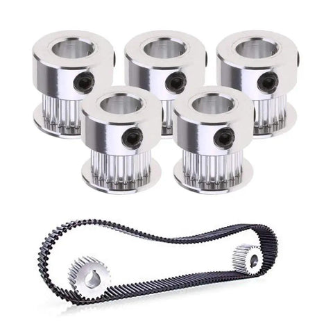 GT2 Timing Belt Pulley 20 Teeth 8mm Bore Aluminum Synchronous Wheel for 3D Printers, set of 5 with timing belt.