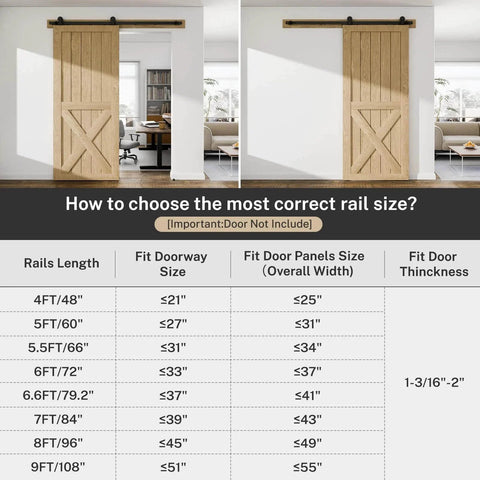 Comparison of wooden barn doors with 80" Sliding Barn Door Hardware Kit, showing rail sizes and fit for door panels, door not included.