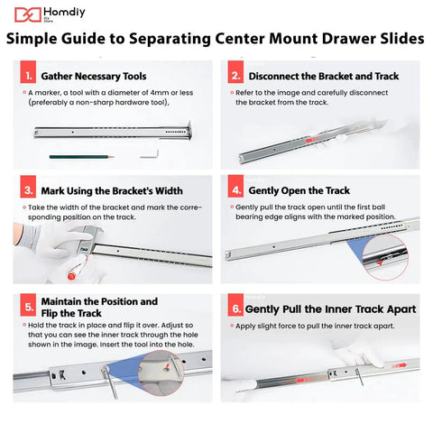 Instruction guide for separating center mount drawer slides with step-by-step images and tools layout.